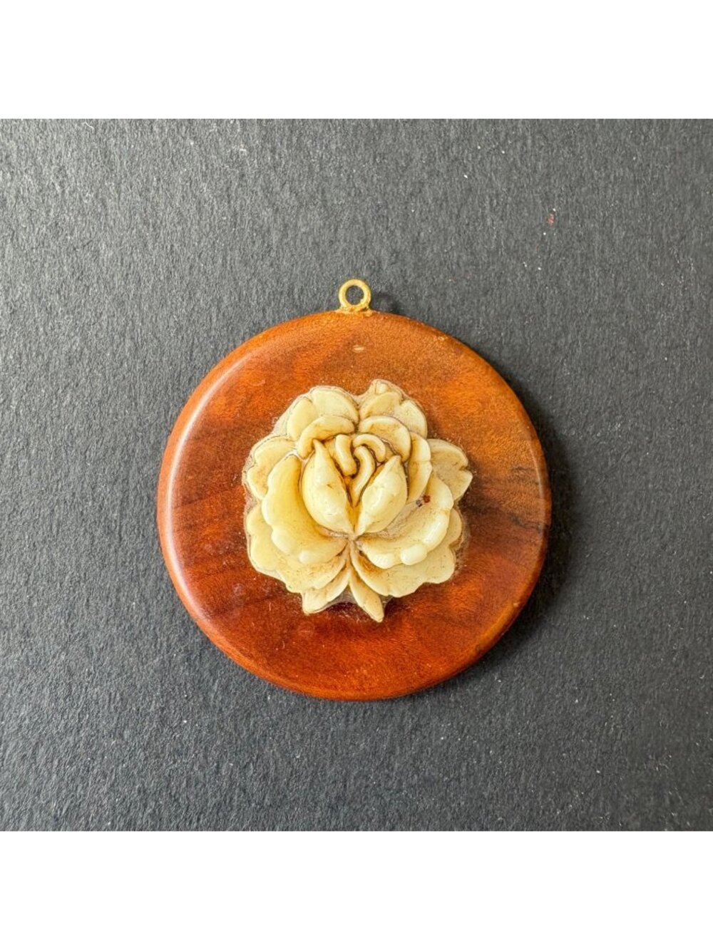Vintage Celluloid Rose Pendant on Wood Base Unbranded Carved Resin